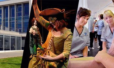 Collage of , a puppeteer on stage and two nursing students